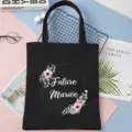 Black canvas tote bag with floral frame and future mariee print, stylish and roomy shopper. - Black Watercolor Floral Style (5)