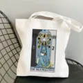 White canvas tote bag featuring tarot card high priestess graphic print for daily shopping. - The High Priestess Style / 35x40cm