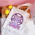 White canvas tote bag with cute purple goth cat print, casual shoulder shopping bag for daily use. - Purple Devil Cat Pentagram Print Style (5) / 35*40cm
