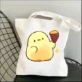 Cute chick canvas tote bag, casual shoulder bag with sweet potato print for daily use. - 35*40cm / Duck Holding Sweet Potato