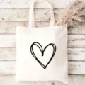 Borsa in tela di cotone bianca con stampa cuore nero, comoda borsa a spalla casual e pratica. - Stampa Cuore Disegnato a Mano / 35*40cm