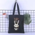 Black canvas tote bag with cute cartoon rabbit print, casual Harajuku style shoulder bag. - Style 23 / 35*40cm