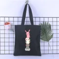 Black canvas tote bag with cute cartoon rabbit print for women students daily use shopping - Style 21 / 35*40cm