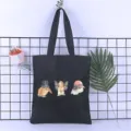 Black canvas tote bag for women, cute watercolor rabbit print, casual daily shoulder bag. - Style 20 / 35*40cm