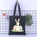 Black canvas tote bag with cute rabbit and easter eggs print casual shoulder shopping bag - Style 19 / 35*40cm