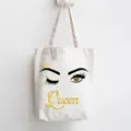 White canvas tote bag with stylish eyelash queen print, reusable shopping shoulder bag. - Queen Crown Eyelash Style / 35x40cm