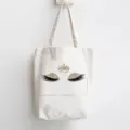 White canvas tote bag with stylish glitter eyelash and crown print for daily shopping. - Sequin Crown Eyelash Frame Style / 35x40cm