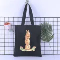 Black canvas tote bag with cute stacked rabbit print, casual shoulder shopping bag for students. - Style 15 / 35*40cm