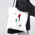 Close up view of a white canvas tote bag featuring Palestine map print and coordinates detail. - Style 7 / 35*40cm