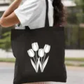 Sac cabas noir minimaliste en toile avec imprimé tulipe blanche, sac décontracté école. - Style Tulipe / 35*40cm