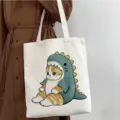 Bolso tote de lona con estampado simple, bolso de hombro lindo gato de dibujos para uso diario. - Estilo de Gato con Disfraz de Dinosaurio