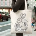 Canvas tote bag with cute rabbit and floral line art, casual shoulder bag for daily commute. - Off-White Black White Line Art Rabbit Floral Style / L