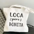 Weisse Canvas Tasche mit spanischem Buchstaben-Print, lässiger Shopper Schultertasche. - L / Stil 24