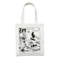 Witte canvas shopper tas met schattige gotische skeleton en kat illustratie voor dagelijks. - Satan Kat Druk Stijl 25 / 35x40cm