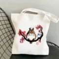 Canvas tote bag detail view, white shoulder shopping bag featuring cute Totoro cartoon print design. - Style 21 / 35*40cm