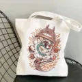 White canvas tote bag with cute anime characters print casual shoulder shopping bag for women - Style 17 / 35*40cm