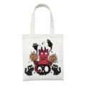 Detailopname van de unieke satan kat demon print op een witte canvas draagtas. - Satan Kat Druk Stijl 11 / 35x40cm