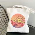Casual λευκη τσαντα tote απο καμβα με ομορφο καλλιτεχνικο σχεδιο ηλιοβασιλεμα βουνο. - Στυλ Ιαπωνικό Στρογγυλό Τοπίο (8)