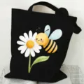 Bolso tote de lona negra con bonito estampado de abeja y margarita, ideal para el día a día. - Estilo Abeja Negro (4) / 35*40cm