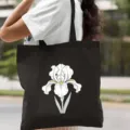 Sac cabas en toile noire avec impression élégante de fleur d'iris blanche pour le travail. - Style Fleur de Lys / 35*40cm