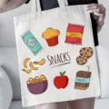 Bolso tote de lona con bonitos estampados de snacks de dibujos animados, bolso de hombro informal. - Estilo de Ilustración de Snack de Dibujos Animados