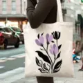 Simple printed canvas tote bag for daily commute student shoulder bag stylish casual aesthetic - Black Purple Botanical Floral Print Style / L