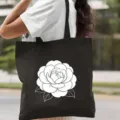 Minimalist printed canvas tote bag detail, stylish black shoulder bag with white floral art. - Camellia Style / 35*40cm