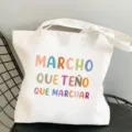 Freizeitorientierte weiße Segeltuchtasche mit buntem spanischen Spruch für den Einkauf. - L / Stil 13