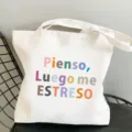 Weißer Canvas-Tragbeutel mit buntem spanischem Zitatdruck, lässige Schulter-Einkaufstasche. - L / Stil 8