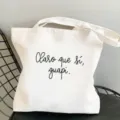Weisse Segeltuchtasche mit spanischem Spruch Print, laessige Schultertasche fuer den Alltag. - L / Stil 5