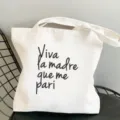 Weißer Segeltuch-Tragebeutel mit spanischem Slogan-Druck, lässige Schulter-Einkaufstasche. - L / Stil 1