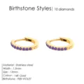 Boucles d'oreilles créoles 13mm en acier inoxydable or 14K avec pierres de naissance - Février Violet - Or