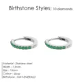 Pendientes de aro de plata de acero inoxidable de 1,5 mm y 13 mm con 10 cristales de piedra natal. - Mayo Verde - Plata