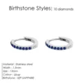 Pendientes de aro huggie de acero inoxidable con piedras azules, tamaño 13mm estilo. - Septiembre Azul Real - Plata