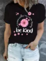 Women's black short sleeve t-shirt featuring pink floral and inspirational letter print detail. - S / Tops / Black