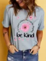 Women gray short sleeve t-shirt with pink floral quote print, casual cute graphic tee top. - S / Tops / Gray