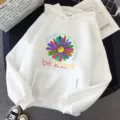 Sweat a capuche blanc avec graphique de marguerite coloree et impression, pull decontracte. - S / Hauts / Blanc