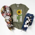 Camiseta casual de manga corta verde oliva con bandera de EE.UU. vintage y girasol. - Verde Militar