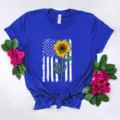 Camiseta de manga corta azul real con gráfico vintage de bandera de Estados Unidos y girasol casual - Azul zafiro