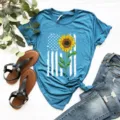 Γυναικείο κοντομάνικο t shirt ηλίανθος αμερικανική σημαία γραφικό casual top καλοκαίρι μόδα - S / Tops / Ρουά Μπλε