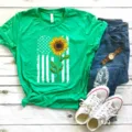 Camiseta verde de manga corta para mujer con grafico de bandera americana girasol top casual - Verde