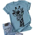 Damen Freizeit Kurzarm T-Shirt mit niedlichem Giraffe mit Brille Druck meliertes blaues Top - S / Oberteile / Seeblau