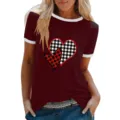 Dames korte mouw t-shirt casual stijl contrastrand ronde hals ruit hart print topje - S / Tops / Bordeauxrood