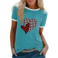 Dames korte mouw ringer t-shirt casual ronde hals top met geruit hartprint zomer mode - S / Tops / Blauw