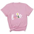 Roze korte mouw t-shirt voor vrouwen met schattige margriet liefde print casual top. - Roze