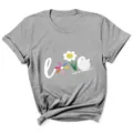 Casual grijs dames t-shirt met korte mouwen, bloemen LOVE print en trendy knoopzoom. - S / Tops / Grijs