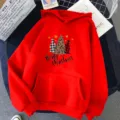 Vue de détail de sweat à capuche rouge, sweat décontracté avec motif de Noël et poche - S / Hauts / Rouge