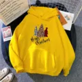 Détail de sweat à capuche de Noël jaune, pull à manches longues festif pour femmes et hommes. - S / Hauts / Jaune