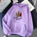 Lila Damen Kapuzenpullover mit Weihnachtsbaum Grafik Print und Beuteltasche Alltag - Lila