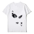 Detailed view of white short sleeve women T-shirt featuring unique card eye graphic print. - S / Club A Eye Lip Style (Top)